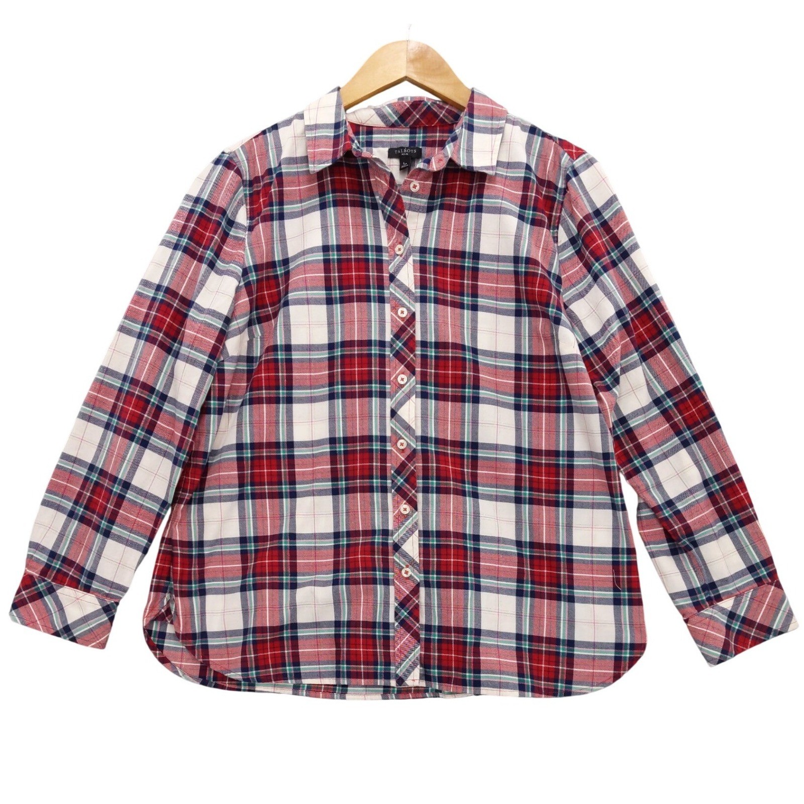 Talbots Petite Plaid Button Down Shirt Metallic Threads Red Blue Green LP