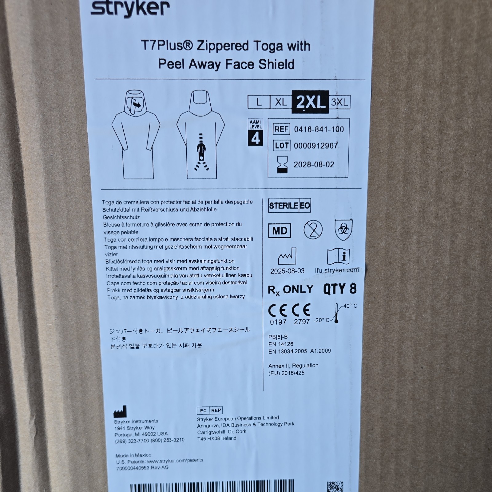 stryker T7 plus zippered togas with peel away face sheild 2XL-New Sealed-2028 stryker T7 plus zippered togas with peel away face sheild 2XL-New Sealed-2028