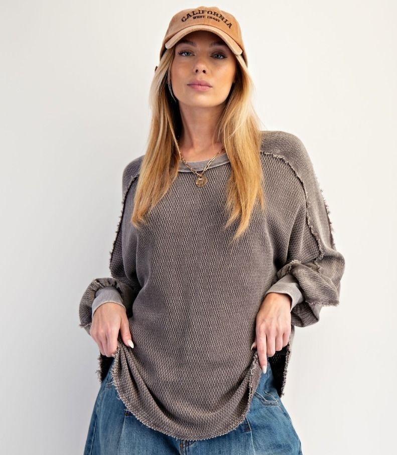 Easel Mineral Washed Frayed Detail Oversized Cotton Top