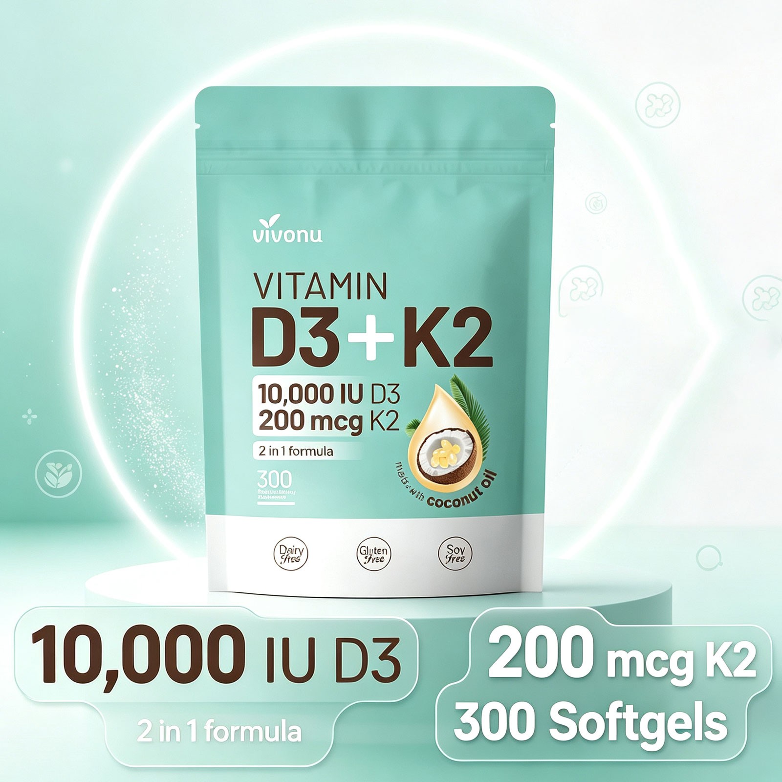 VivoNu D3+K2 Vitamin Softgels, 300ct Each, Support Bone & Immune Health