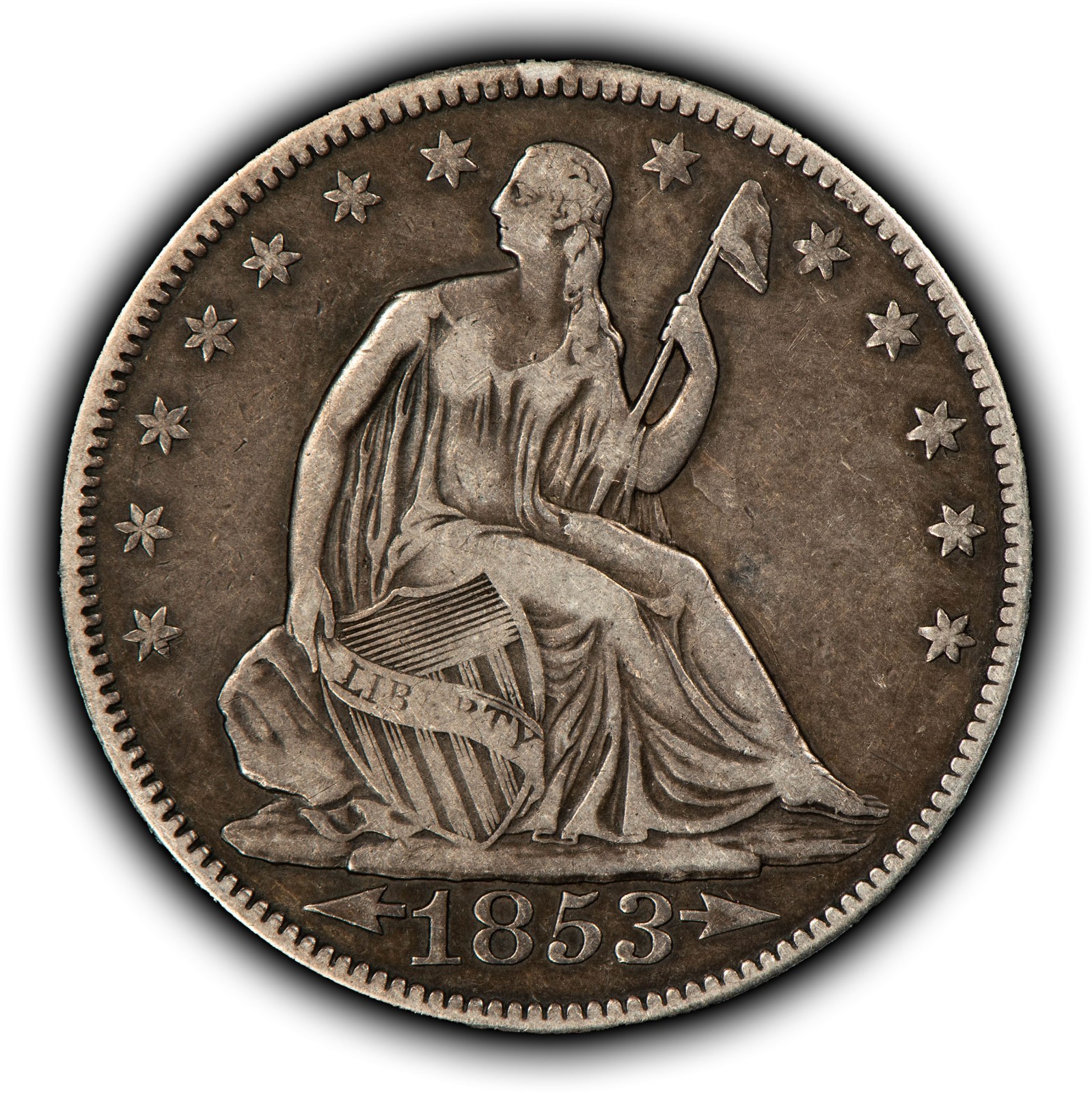 1853 50c Seated Liberty Silver Half Dollar - Arrows & Rays - SKU-Y6837