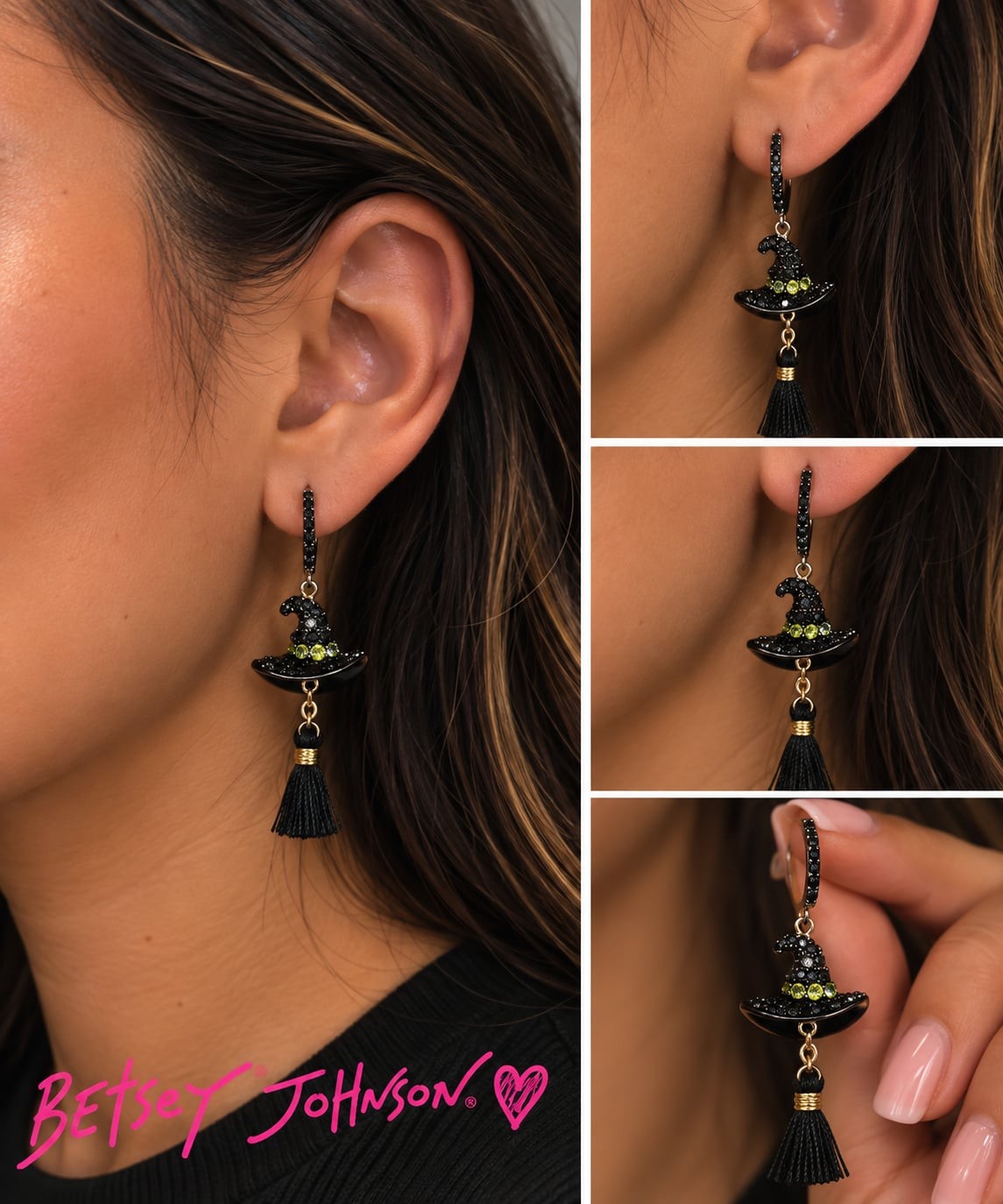 NWT Betsey Johnson Witch Hat Tassel Dangle Earrings Black Halloween