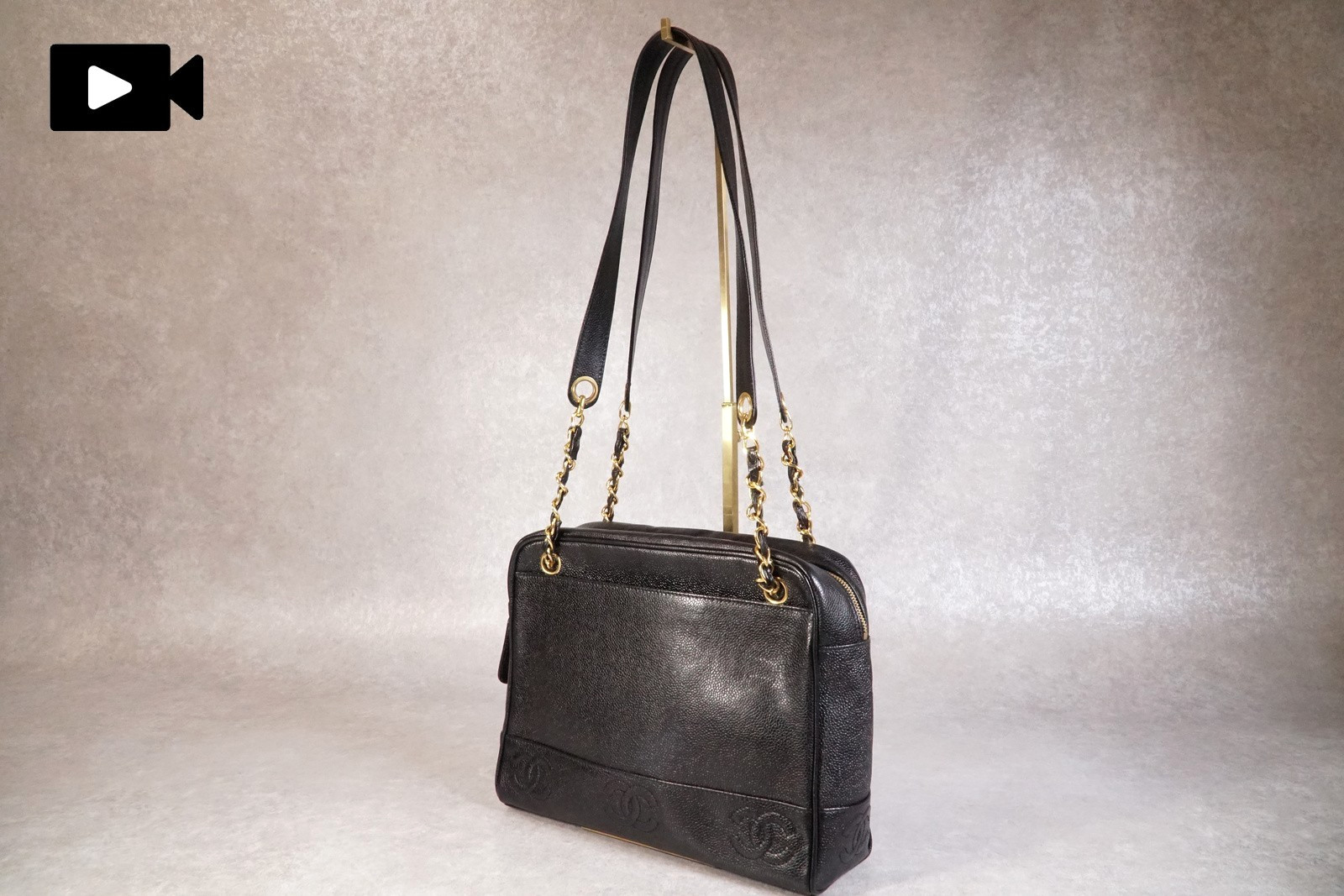[Rank AB] CHANEL Triple Coco Chain Shoulder Bag Caviar Leather Black Vintage