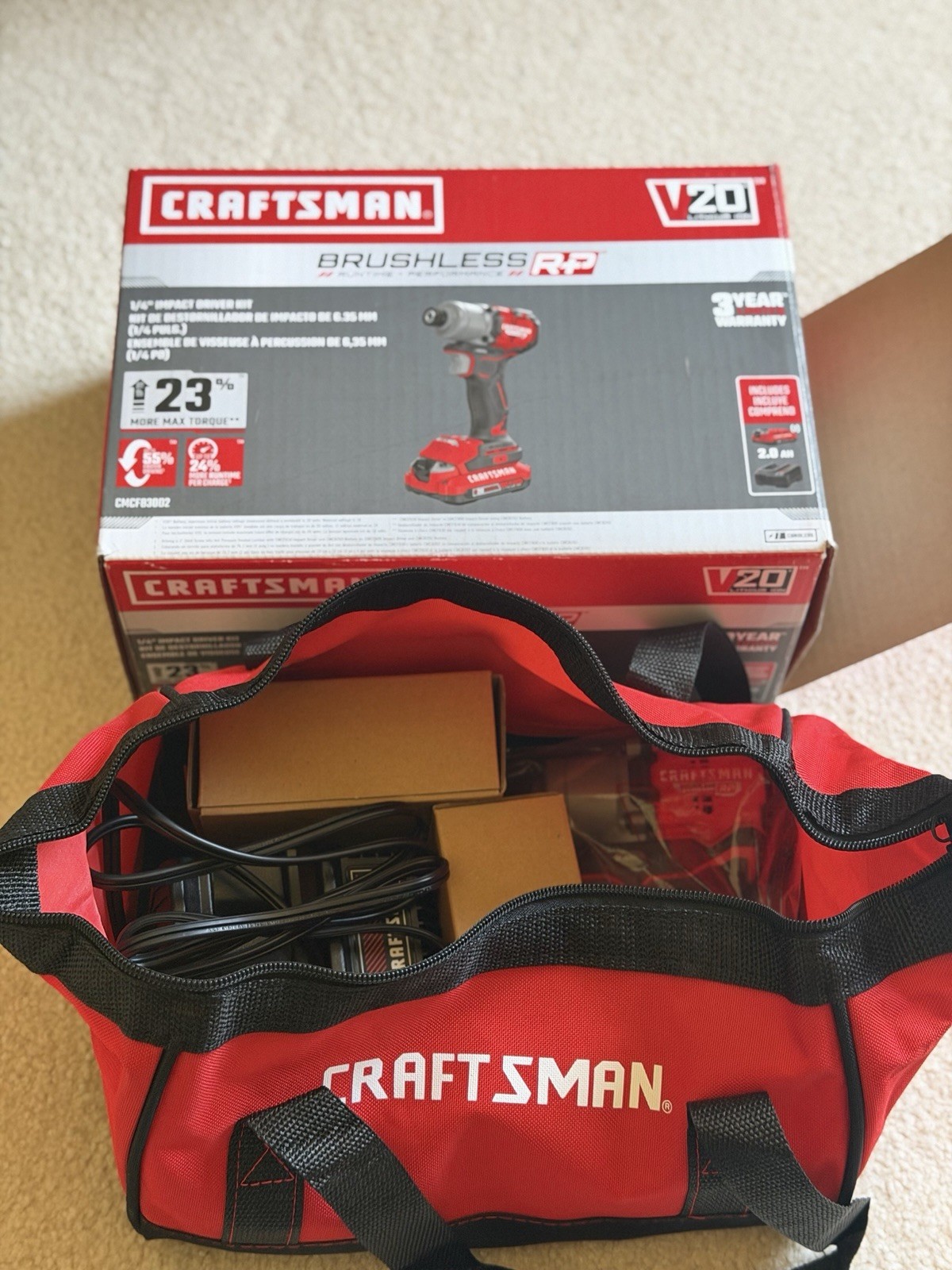 CRAFTSMAN CMCF830D2 V20 RP Brushless 1/4” Impact Driver Kit 2 Batteries Open Box