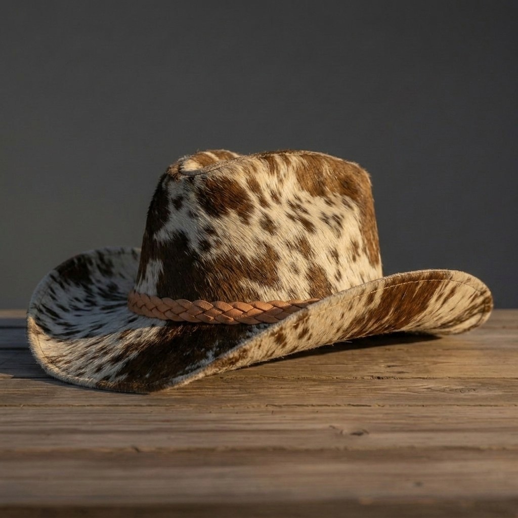 Brown White Hair-On Cowhide Cowboy Hat with Braided Leather Band Western Unisex Brown White Hair-On Cowhide Cowboy Hat with Braided Leather Band Western Unisex