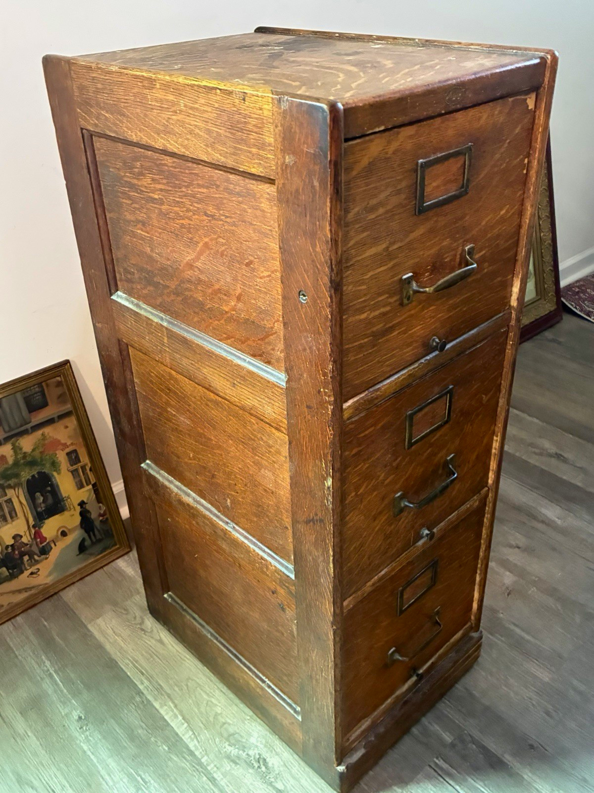 Antique Macey 3Drawer Wooden Filing Cabinet dovetail patina 1900s NC pickup&ship