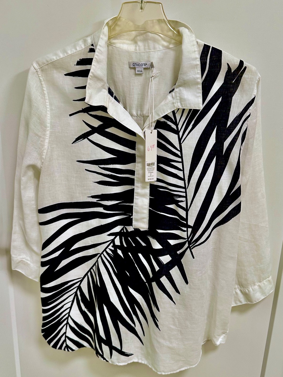 CHICO\'S Size 12 No Iron Linen Button Back TUNIC PALM Print 3/4 Sleeves CHICO\'S Size 12 No Iron Linen Button Back TUNIC PALM Print 3/4 Sleeves