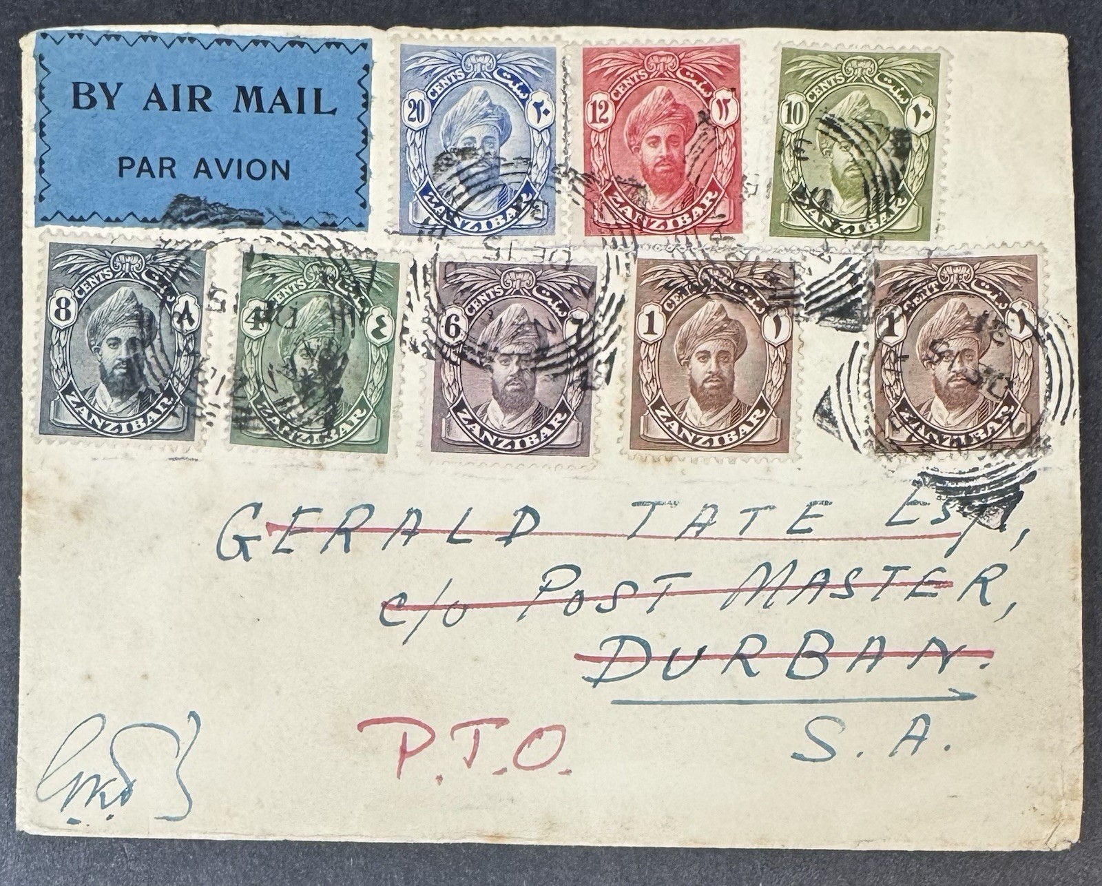 Zanzibar, Scott #184(2), 186-191, Used in 1931, on Cover to Durban, South Africa