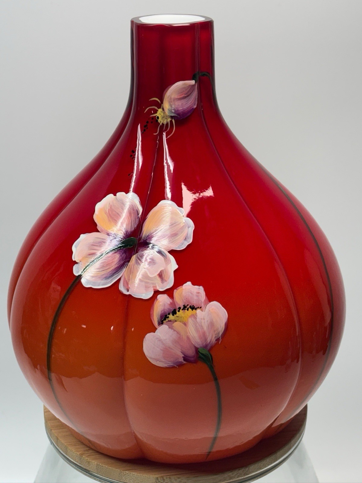 Fenton Red Vase Hand Painted By D. Robinson Floral Rare Signed W/sticker Fenton Red Vase Hand Painted By D. Robinson Floral Rare Signed W/sticker