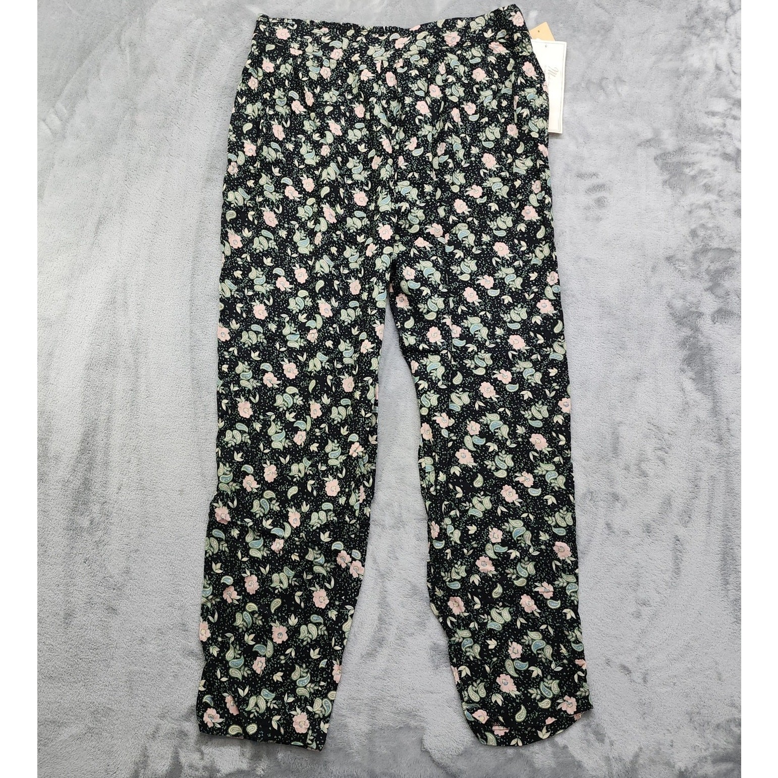 NEW Vintage Maggie Lawrence Pants Womens 26/28 Black Floral Pleated Tapered Leg
