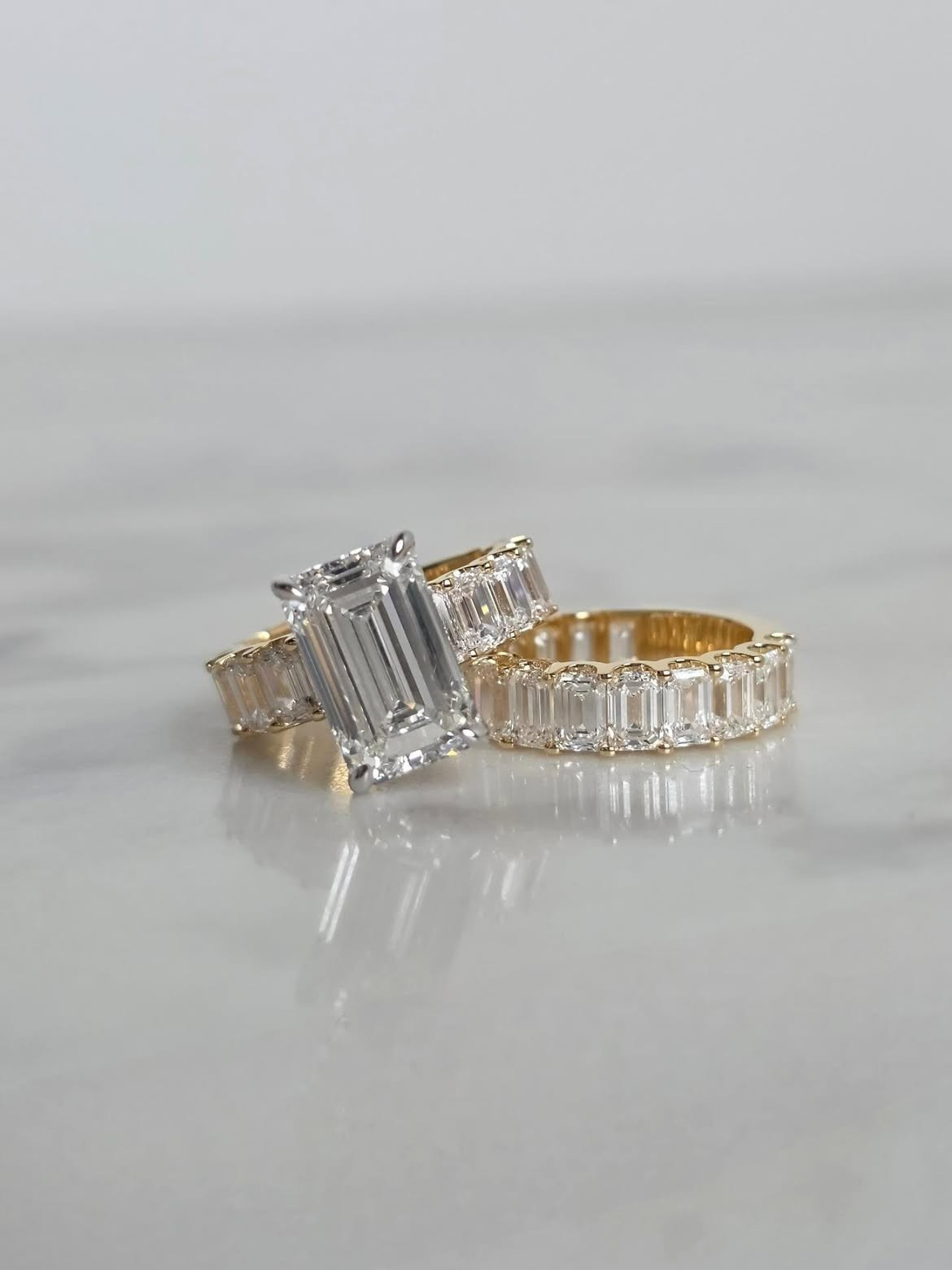 7.99 Ct Emerald Cut Lab Grown Diamond Ring & Eternity Full Band 14K Yellow Gold