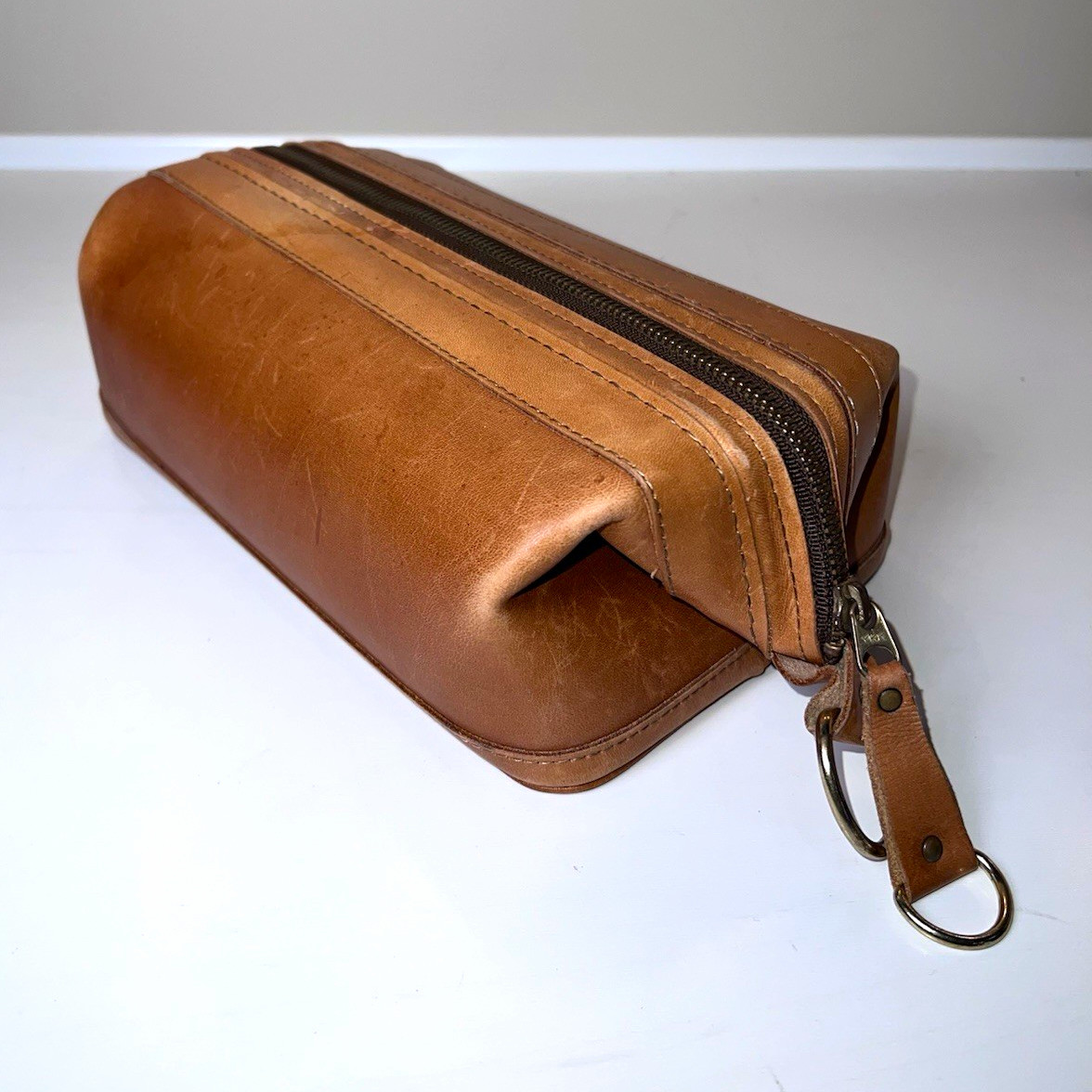 Vintage Bosca Utili-Kit 10” Cognac Leather Zippered  Toiletry Shaving Kit Bag
