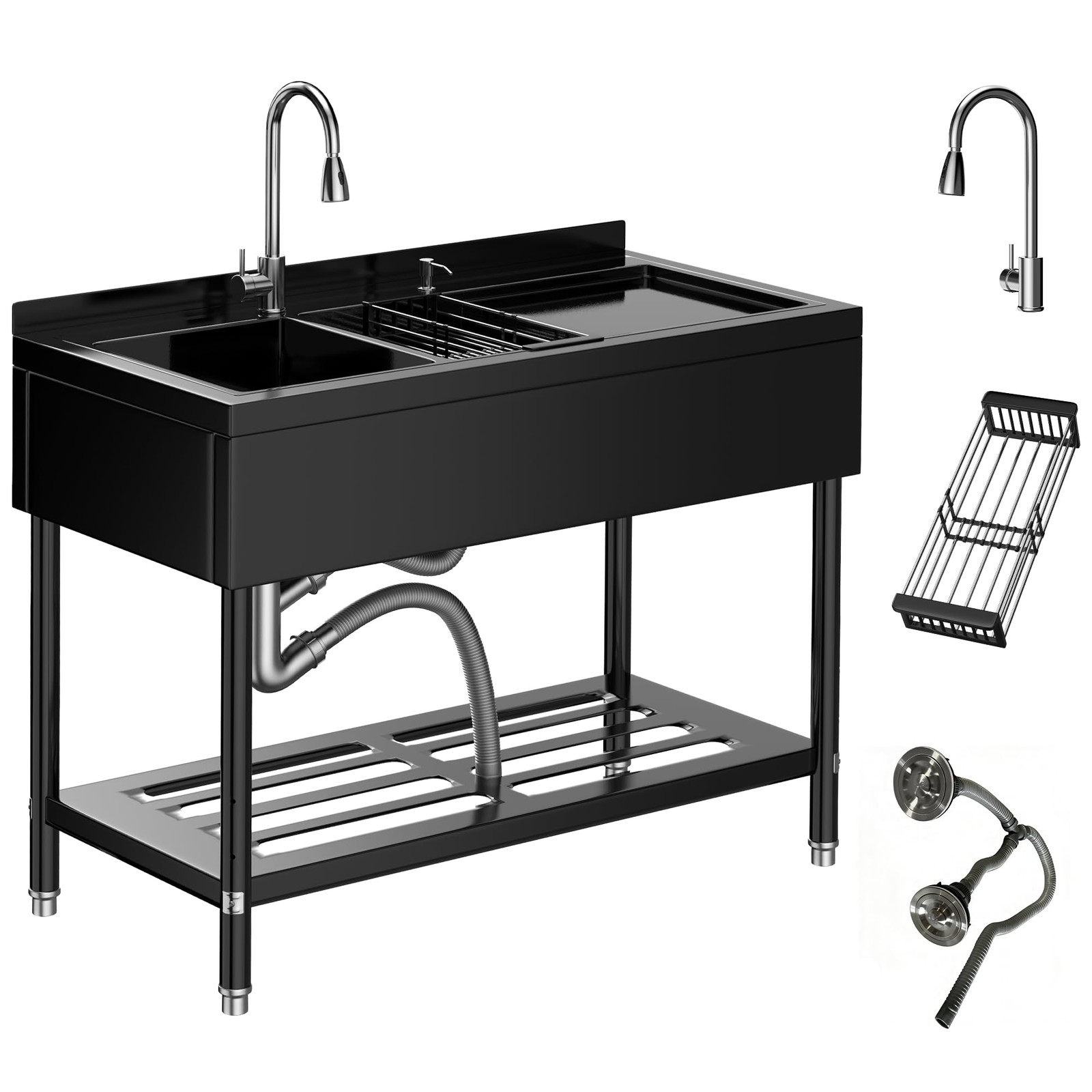 47.5x24 Freestanding Utility Sink Double Bowl 304 SS w/ Pull-Out Faucet Shelf