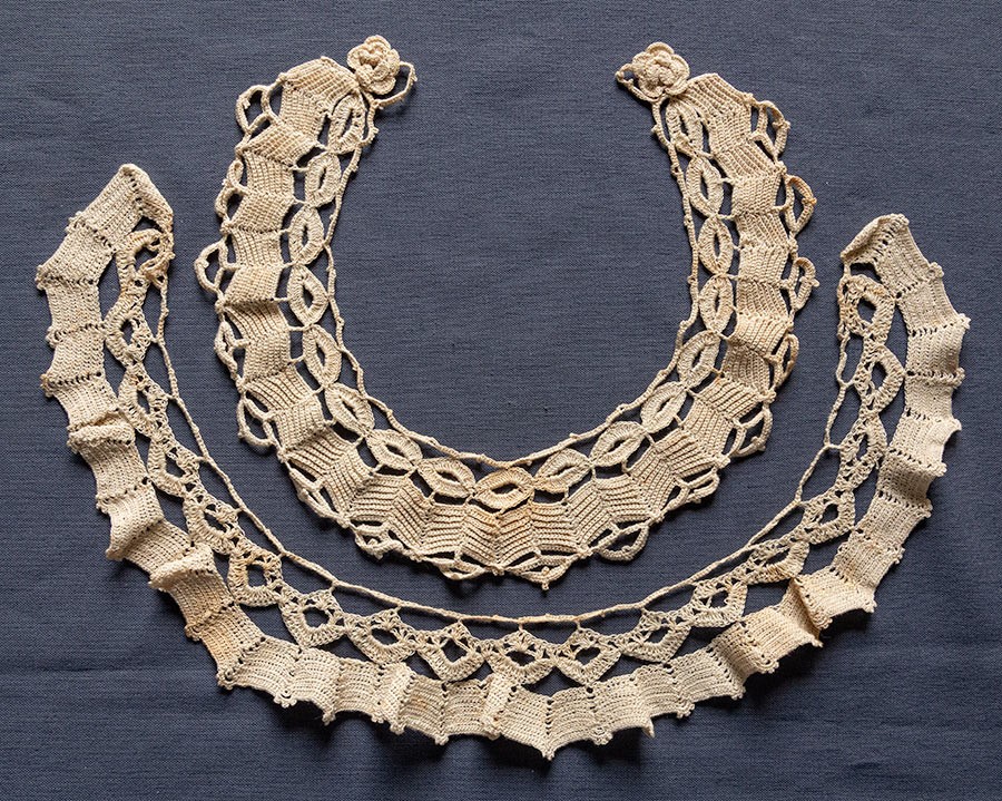 2 Antique Handmade BEIGE CROCHETED LACE COLLAR TRIM LOT Dress Making Sewing