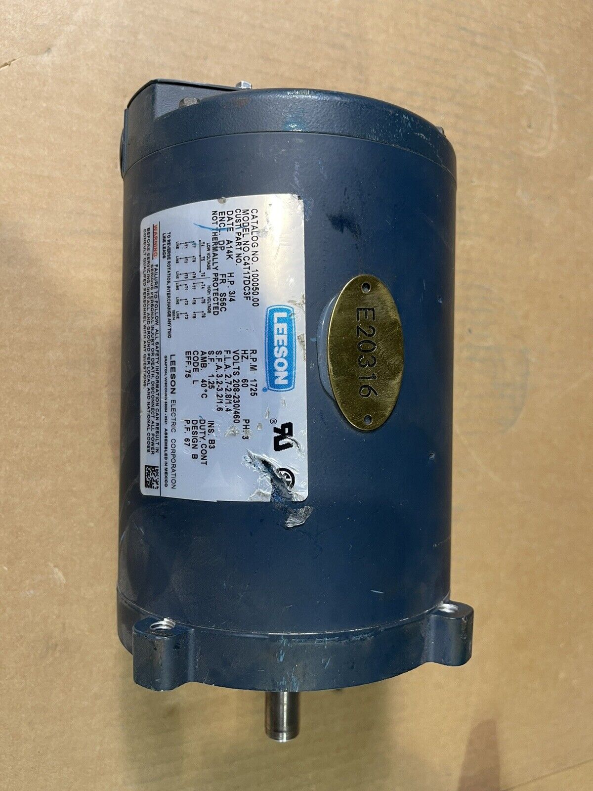 LEESON ELECTRIC MOTOR 100050.00 / 10005000 NEW OPEN BOX 3/4 HP FRAME S56C S-67