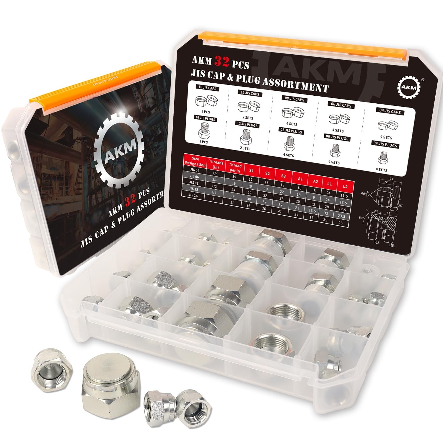 32 Pcs JIS Cap & Plug Assortment Hydraulic Adapter Fitting Kit Set, Galvanize...