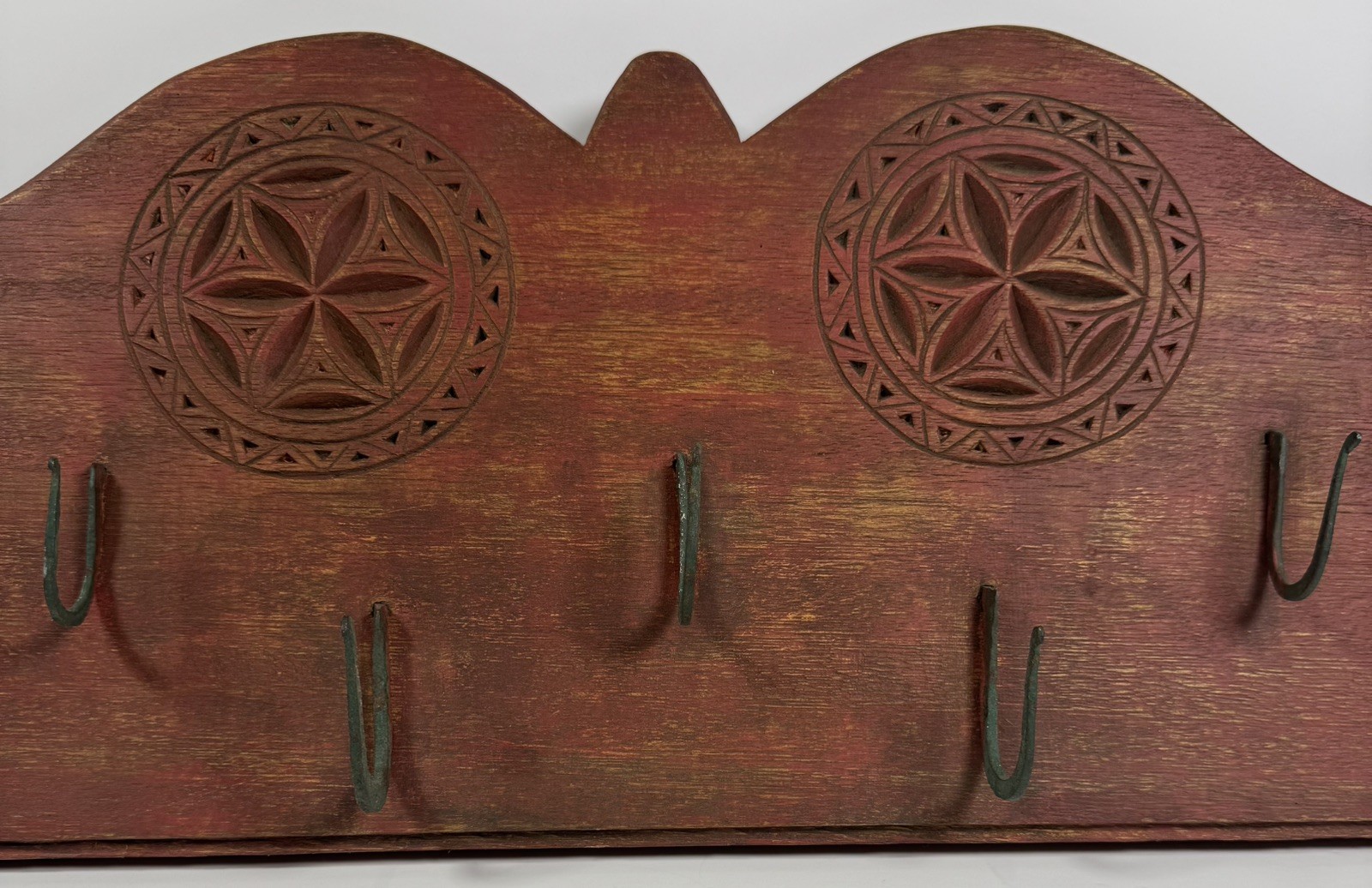 Primitive Folk Art Fowl Rack Game Board Wood Wall Rack Hand Forged Hook Red 36” Primitive Folk Art Fowl Rack Game Board Wood Wall Rack Hand Forged Hook Red 36”