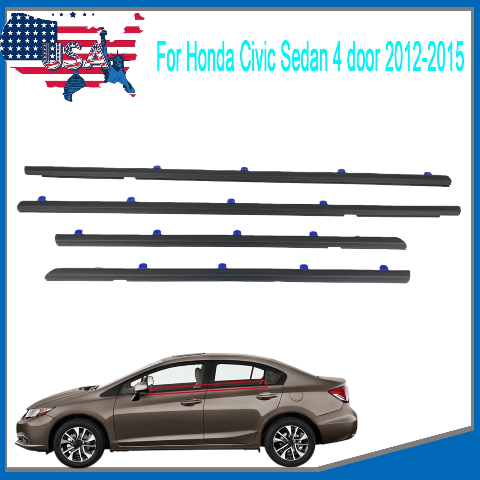 4PCS Weatherstrip Window Moulding Trim Seal Belt For Honda Civic Sedan 2012-2015