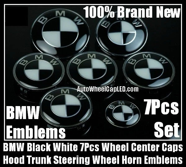 BMW Black White Emblem wheel Center Cap 7PCS Set 82/74mm 68mm 45mm hood M3 M4 M2