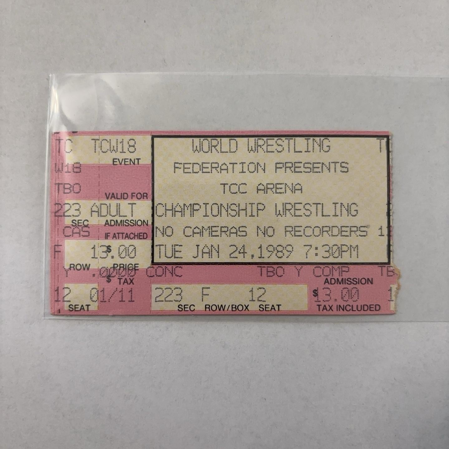 Vintage WWF Championship Wrestling Ticket Stub 1989 TCC Sold Out Tucson AZ 80s