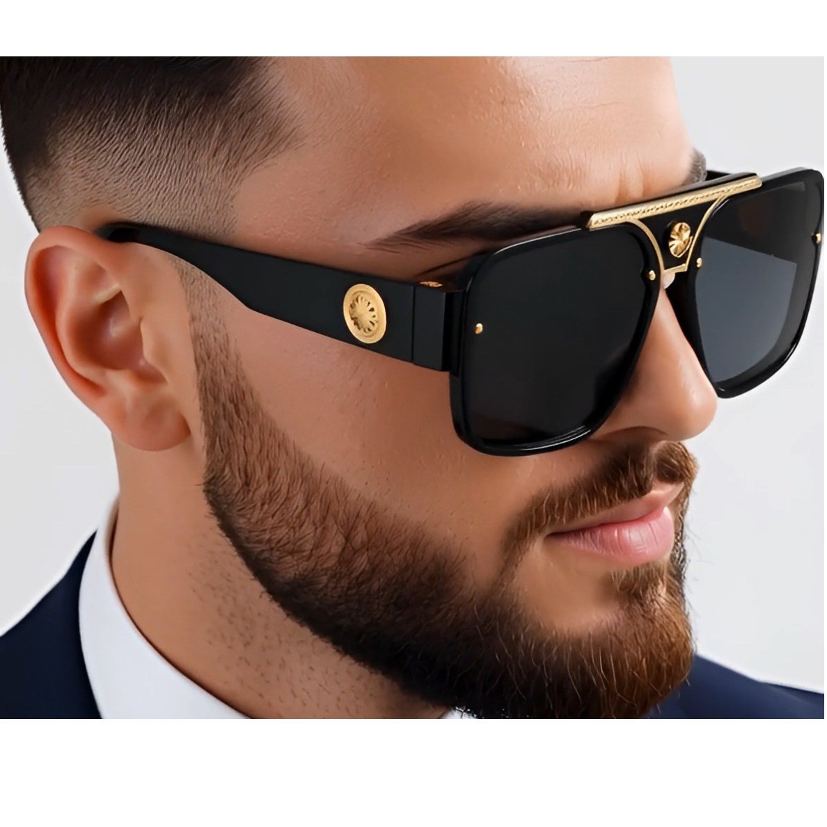 Luxury Oversized Square Sunglasses Gold Medallion Black Frame Men\'s Fashion 2026