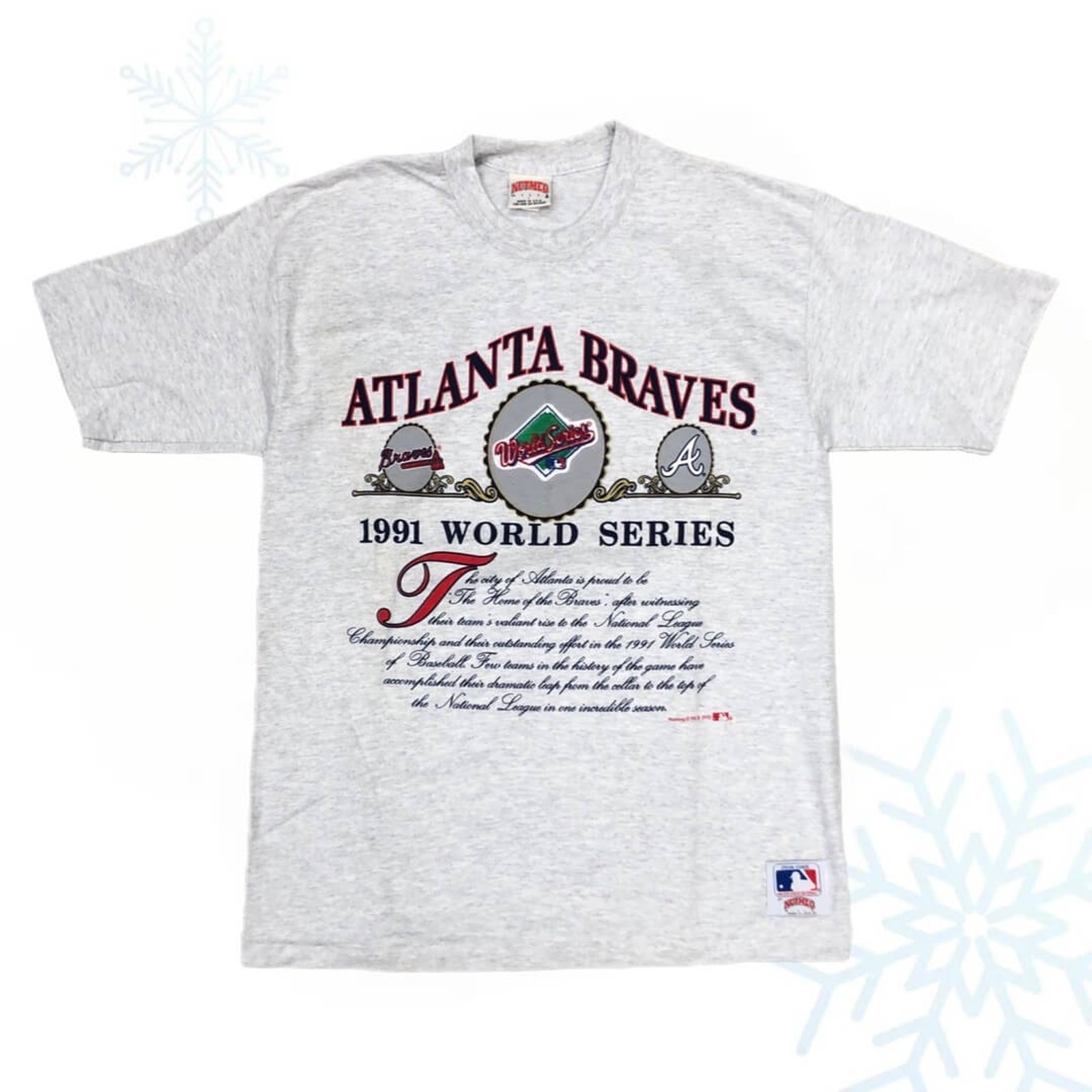 Vintage 90s MLB Atlanta Braves 1991 Nutmeg Mills Baseball T-Shirt Large Gray Vintage 90s MLB Atlanta Braves 1991 Nutmeg Mills Baseball T-Shirt Large Gray