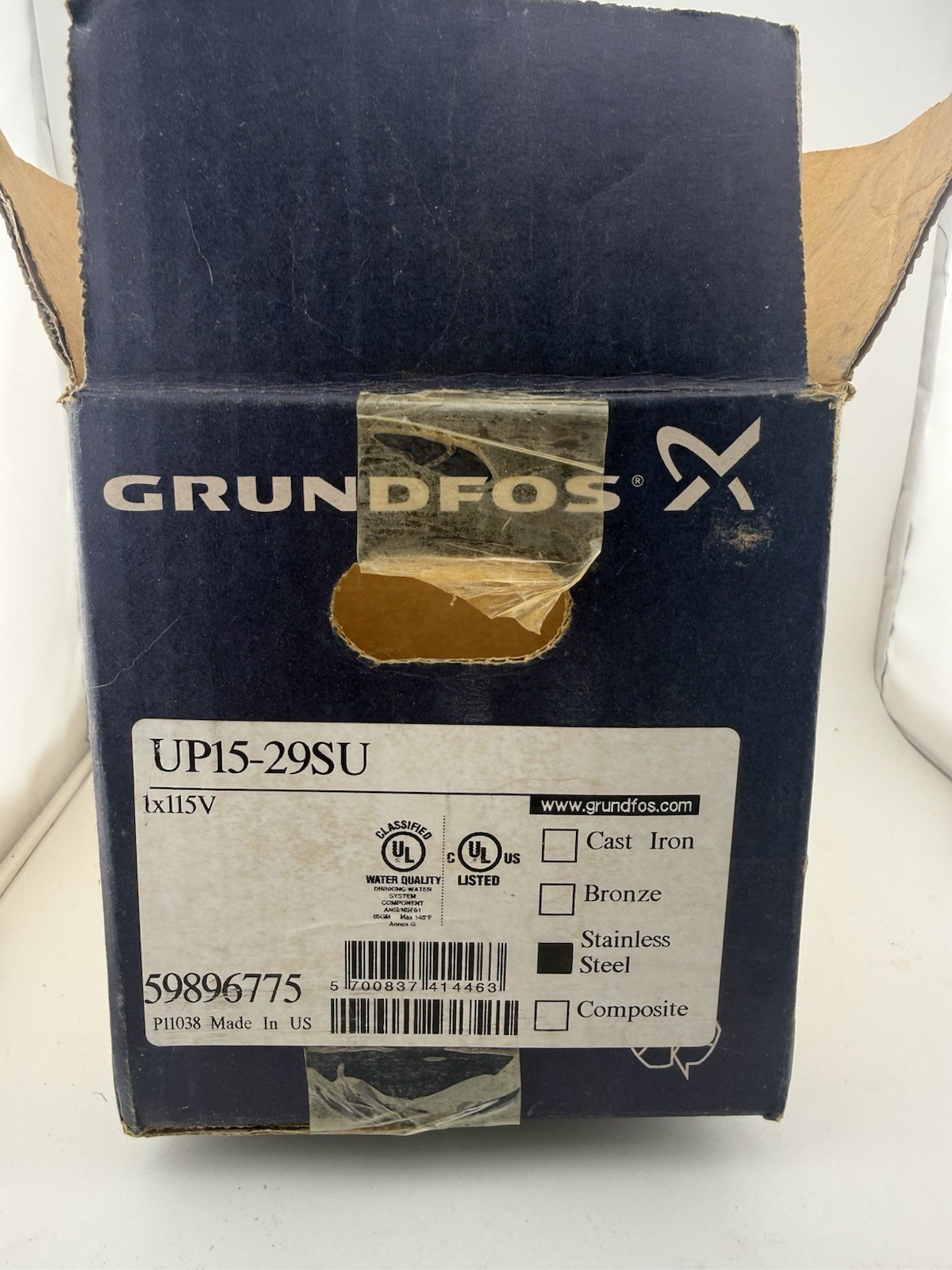 Grundfos UP15-29SU Stainless Steel Circulator Pump 115V. Missing Plastic Cover