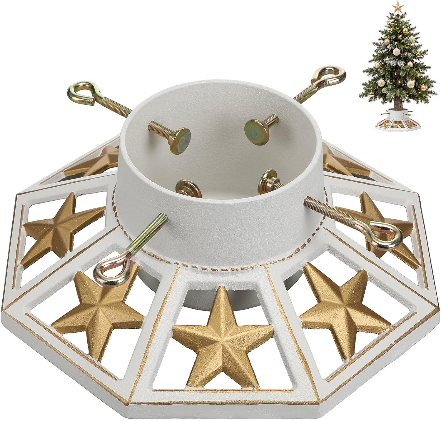 Cinnvoice Cast Iron Christmas Tree Stand White Gold Real Tree Water Reservoir