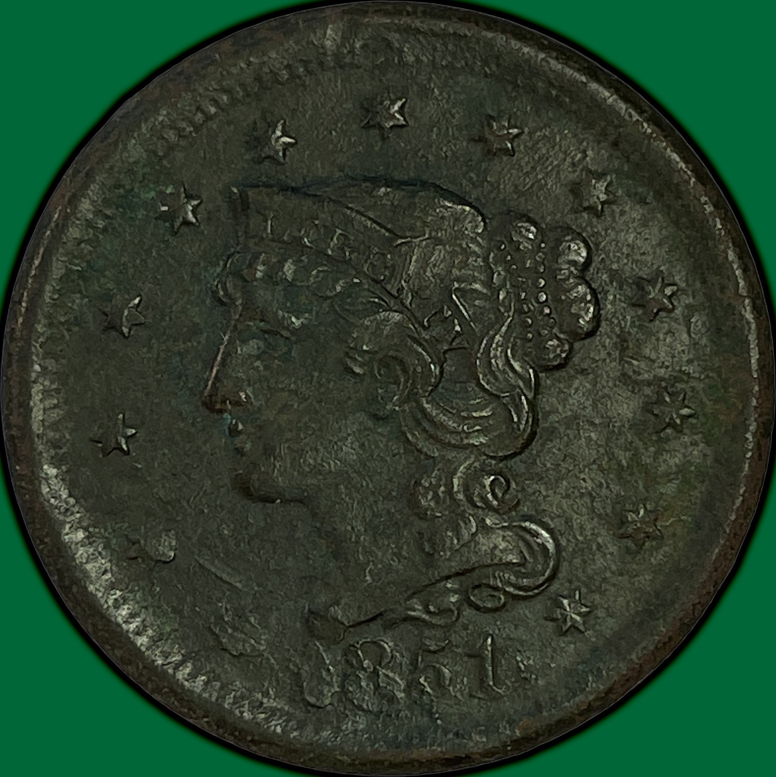 1851 Braided Hair Large Cent Almost Uncirculated AU Coin, Corrosion #48064