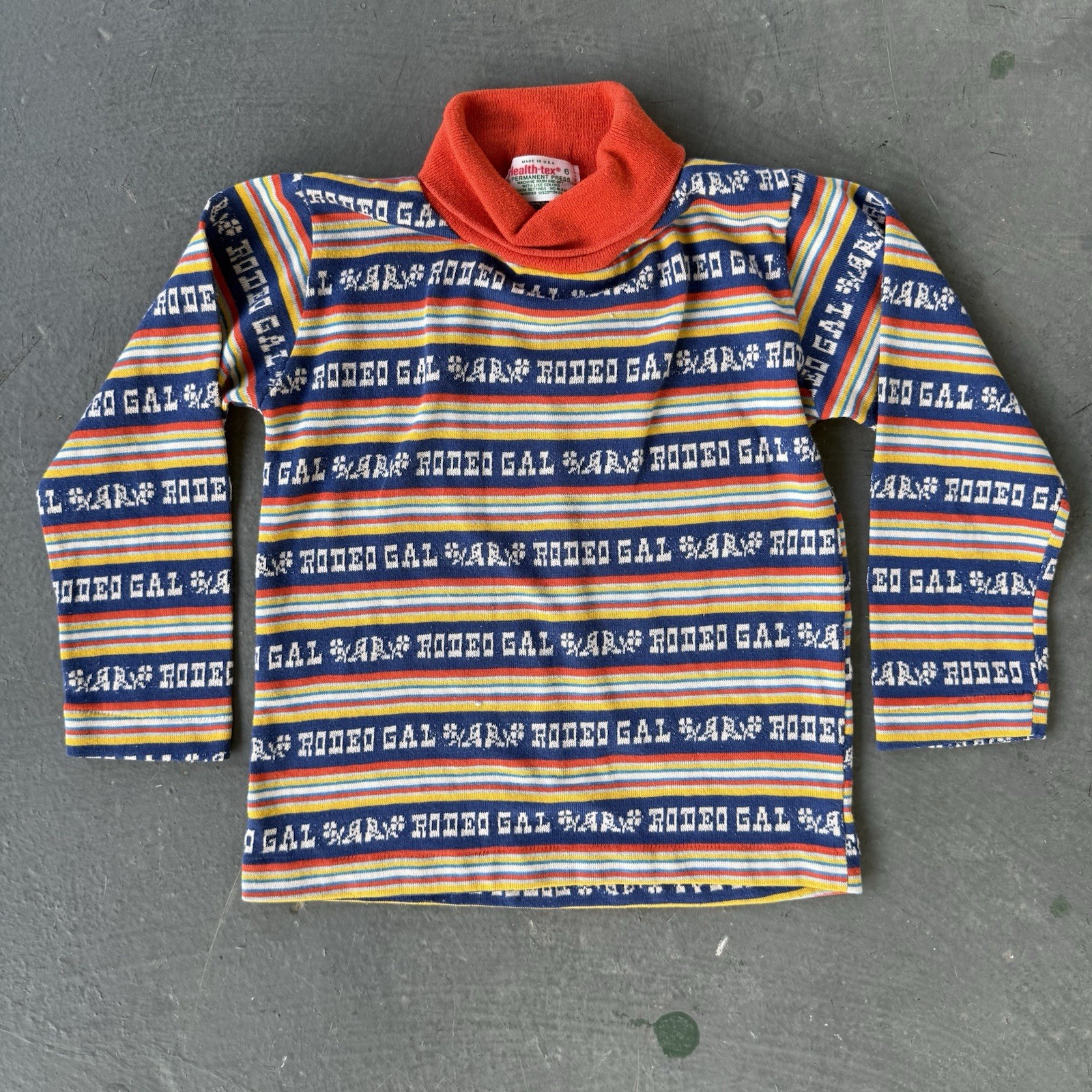 Vintage 1970s Health-tex Rodeo Gal Striped Turtleneck Size 6 Single Stitch