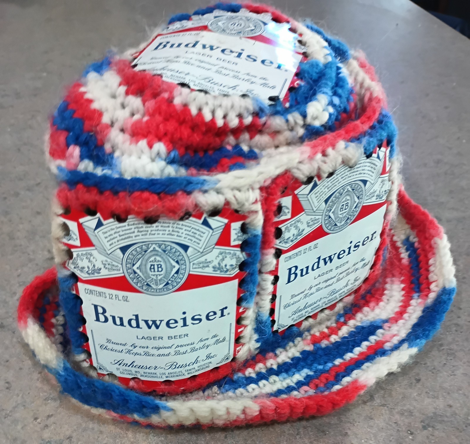 Vintage 70s Budweiser Beer Can Hat Crochet Bucket Hat Retro Handmade Vintage 70s Budweiser Beer Can Hat Crochet Bucket Hat Retro Handmade