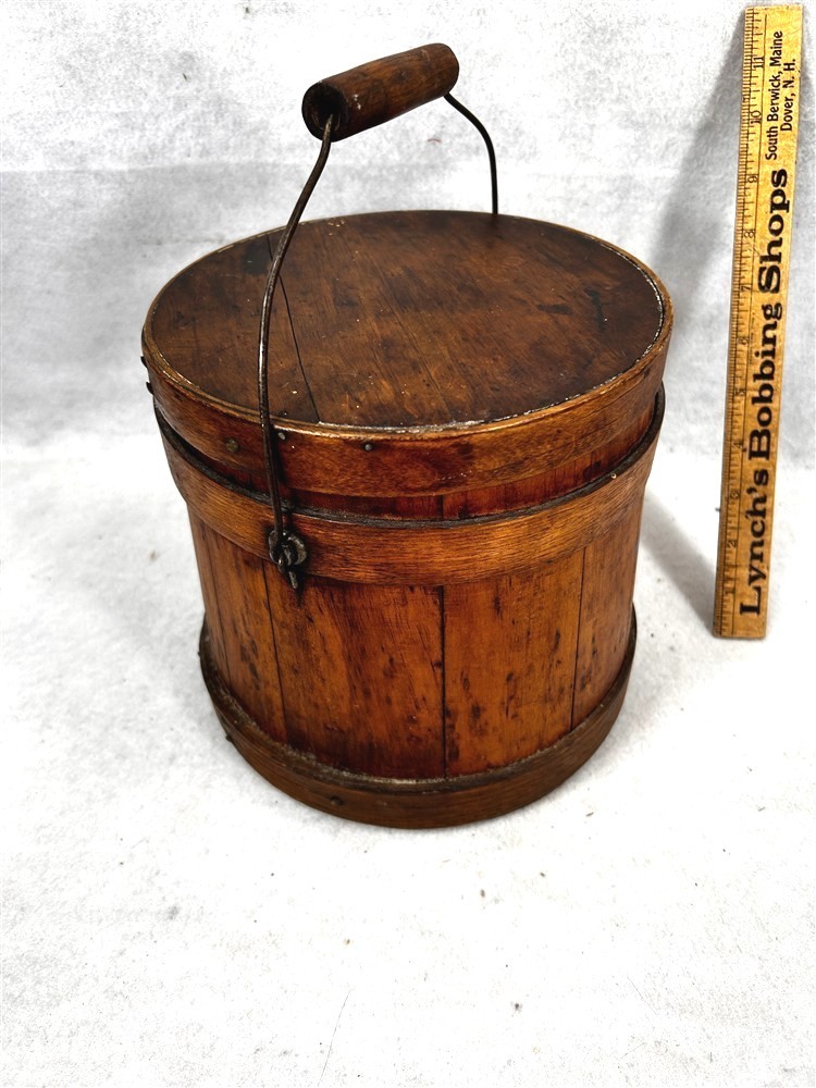 antique firkin wooden bucket w/handle small 8 tall nice patina original 19thc 