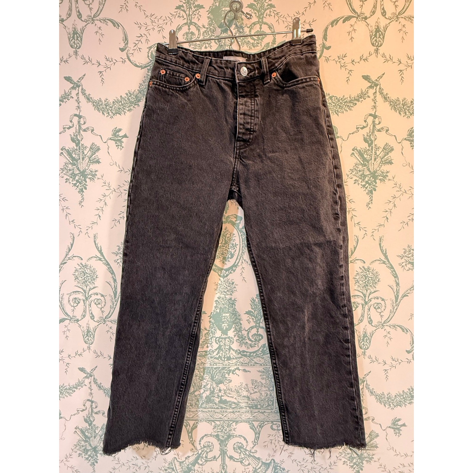 MNG Mango Havana High Rise Straight Leg Raw Hem Washed Black Jeans - Size 4⁠