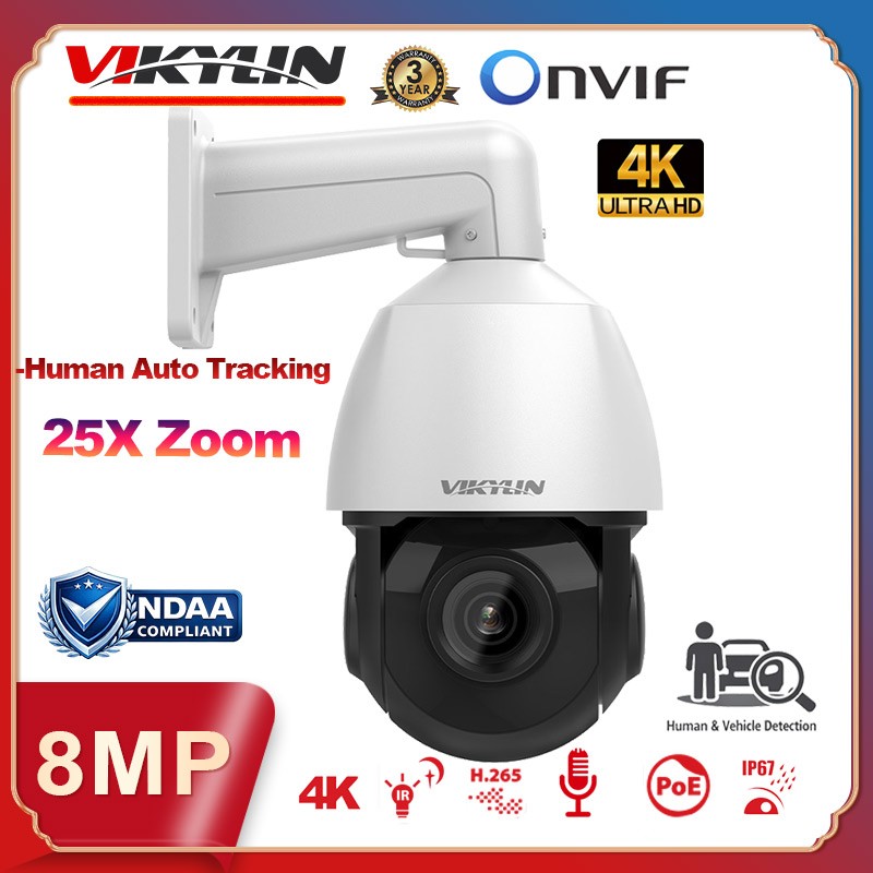 Vikylin 4K 8MP 25X PTZ 360° POE Camera Outdoor 2 Way Talk Auto Tracking CCTV