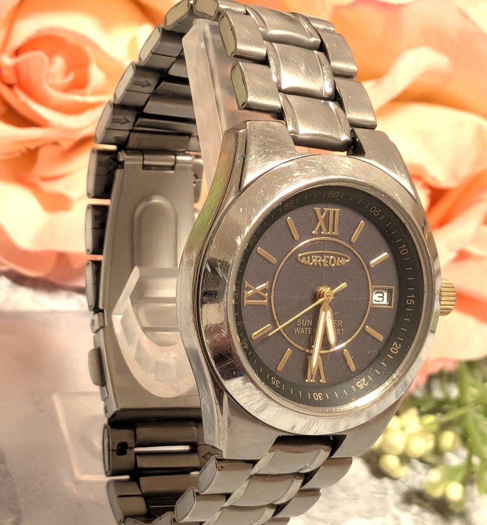 AUREOLE Men\'s Solar Wristwatch Date Dark Gray Dial Roman Numerals