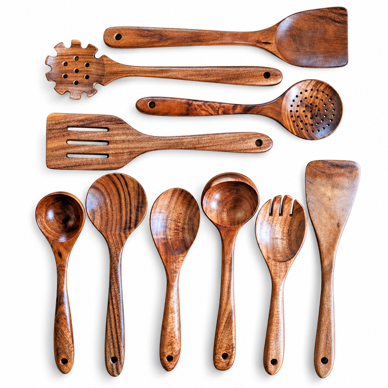 Montuk 10 Pcs Natural Teak Wood Kitchen Cooking Utensils Spoon Set