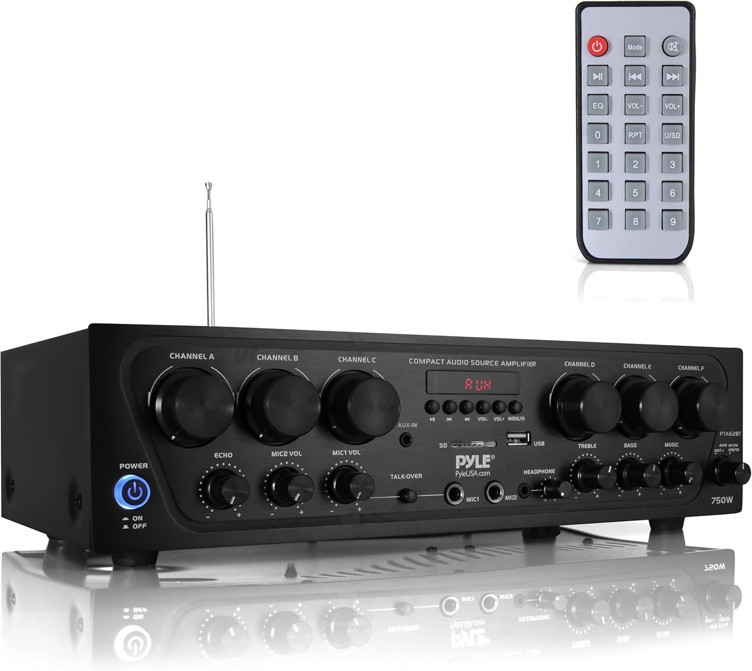 Pyle 750W Bluetooth Karaoke Amplifier 6 Channel USB AUX Mic Echo System