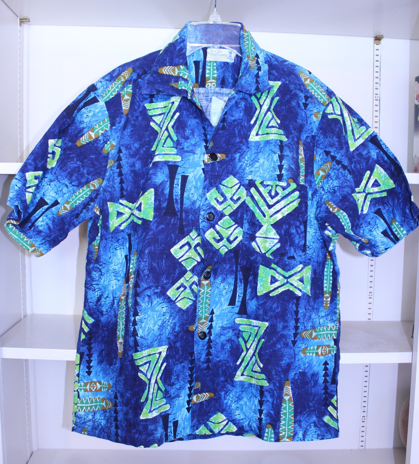 Vintage Tohki Hawaii Honolulu Blue Tribal Hawaiian Shirt Cotton Large Men