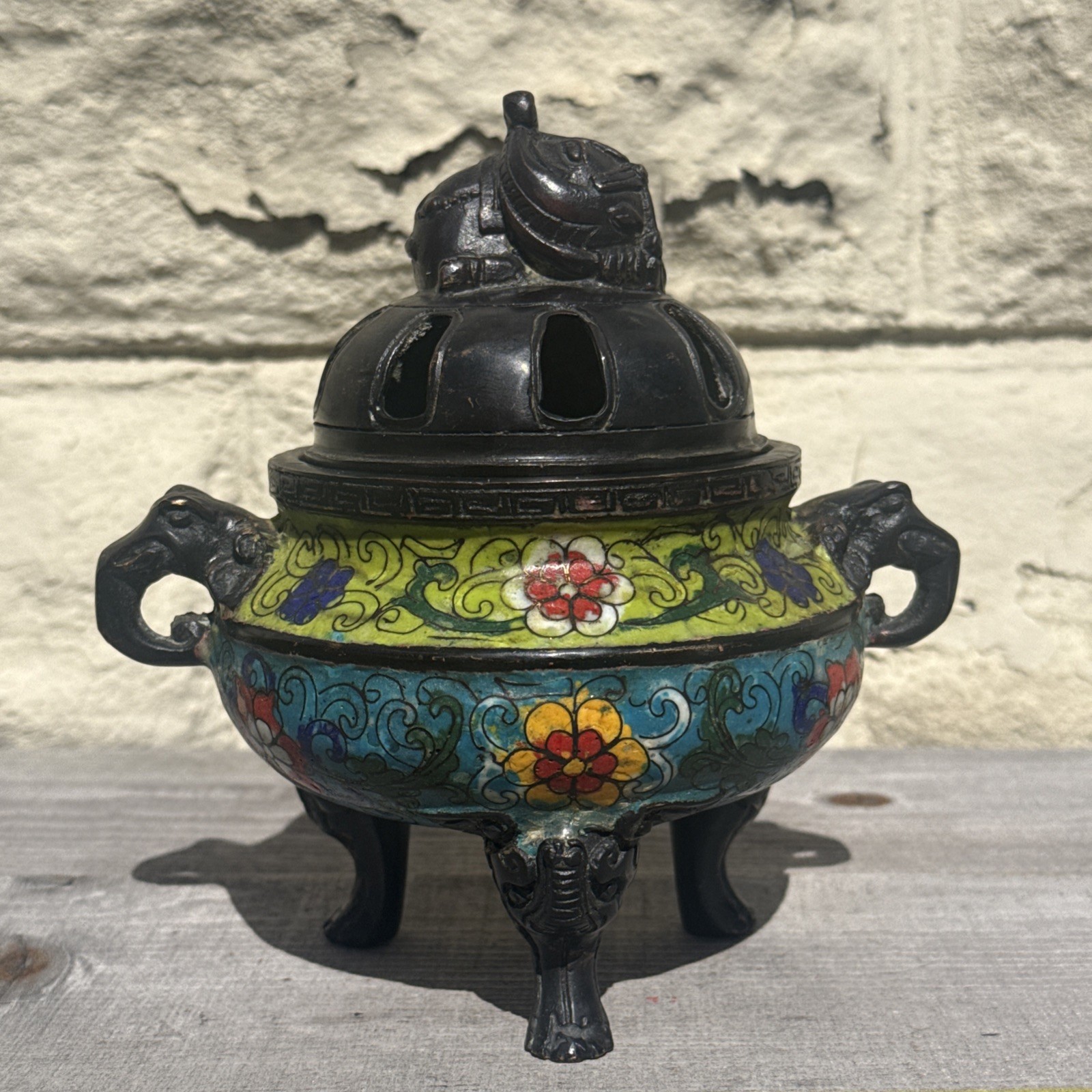 Antique Chinese Cloisonne Enamel Tripod Censer Incense Burner Xuande Mark Qing