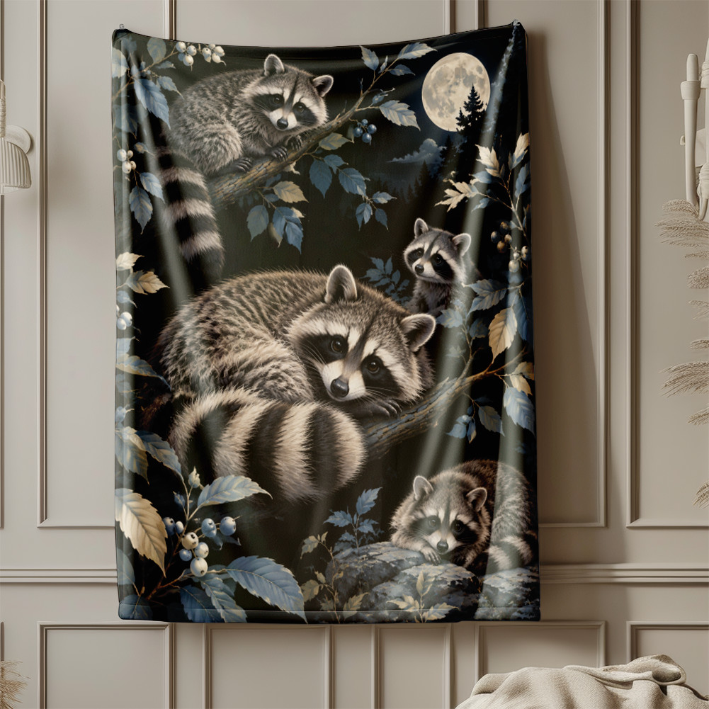 Raccoons Moonlit Forest Berries Coral Fleece Blanket