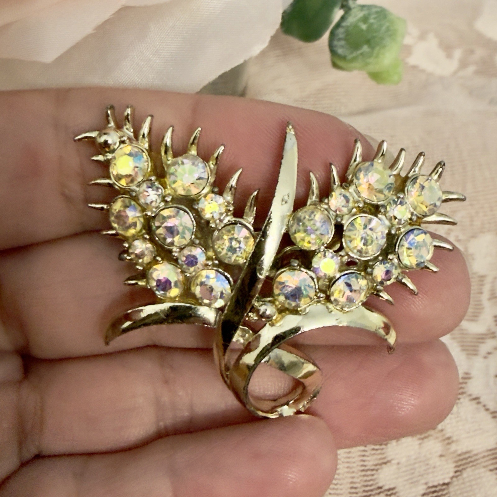 Vintage AB Rhinestone FLORAL BOUQUET Brooch Gold Tone Mid Century 2\
