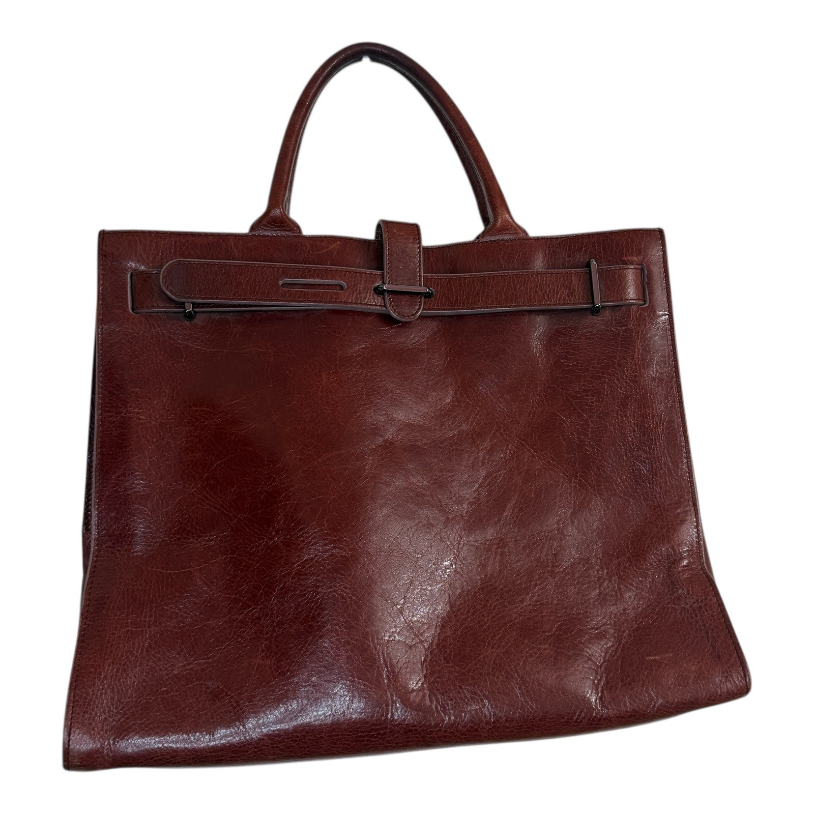 Furla Made in Italy Burgundy Glazed Leather Belted Large Tote Bag Handbag