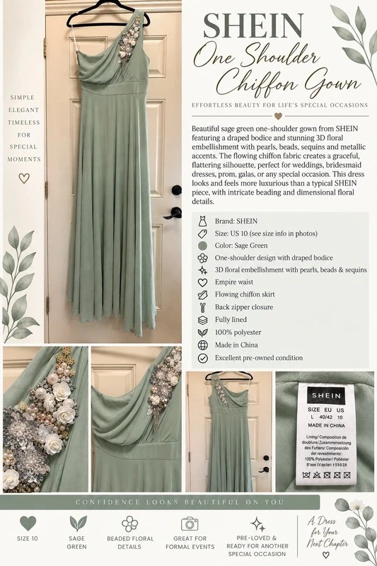 Shein Sage Green One Shoulder Chiffon Floral Beaded Formal Gown Size 10 Shein Sage Green One Shoulder Chiffon Floral Beaded Formal Gown Size 10