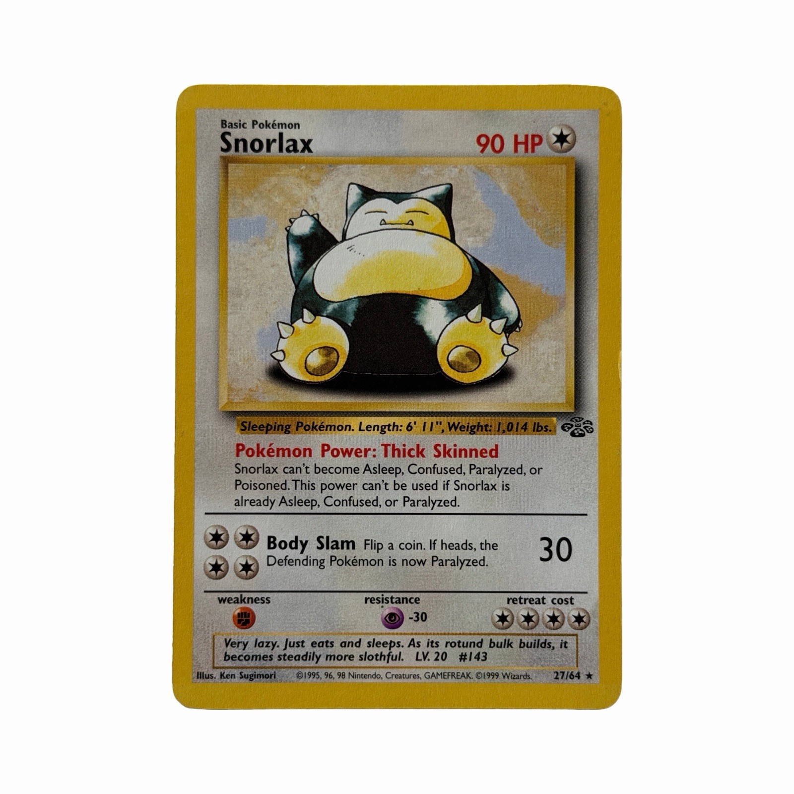 1999 Pokémon Snorlax 27/64 Jungle Unlimited Non-Holo Rare WOTC LP-MP 1999 Pokémon Snorlax 27/64 Jungle Unlimited Non-Holo Rare WOTC LP-MP