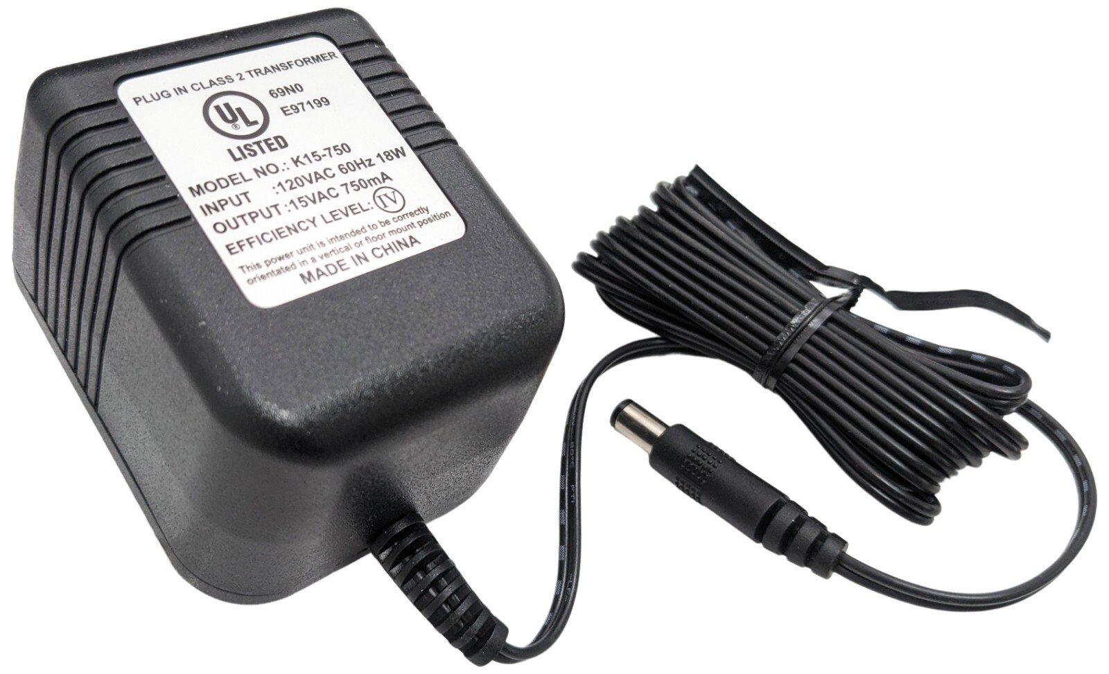 15V AC 750mA Adapter with 5.5mm Barrel Plug, UL Listed (Model K15-750) 15V AC 750mA Adapter with 5.5mm Barrel Plug, UL Listed (Model K15-750)