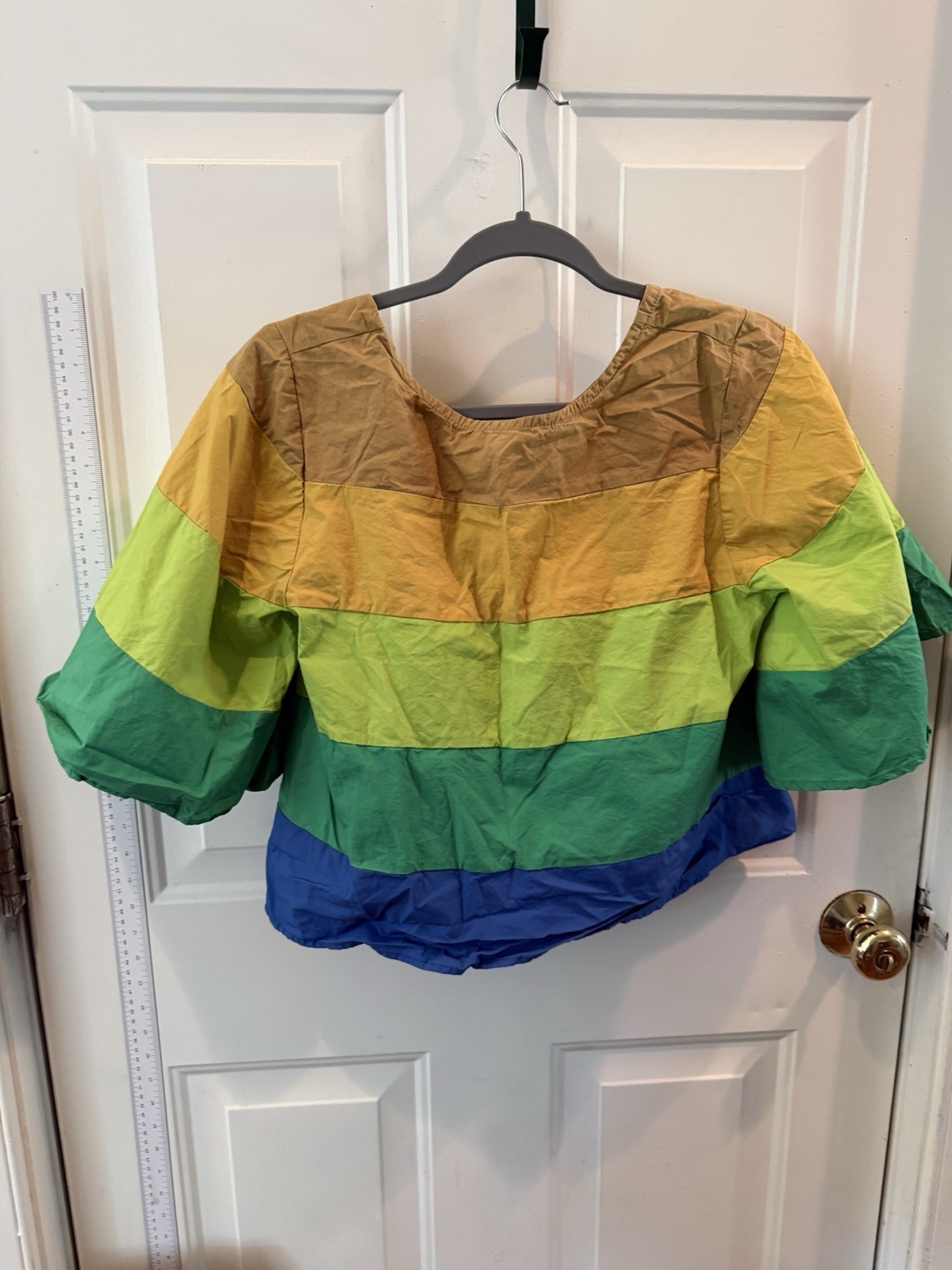 Blue Tassel Anthropologie M/L Colorblock Puff Sleeve Blouse Top Green Blue