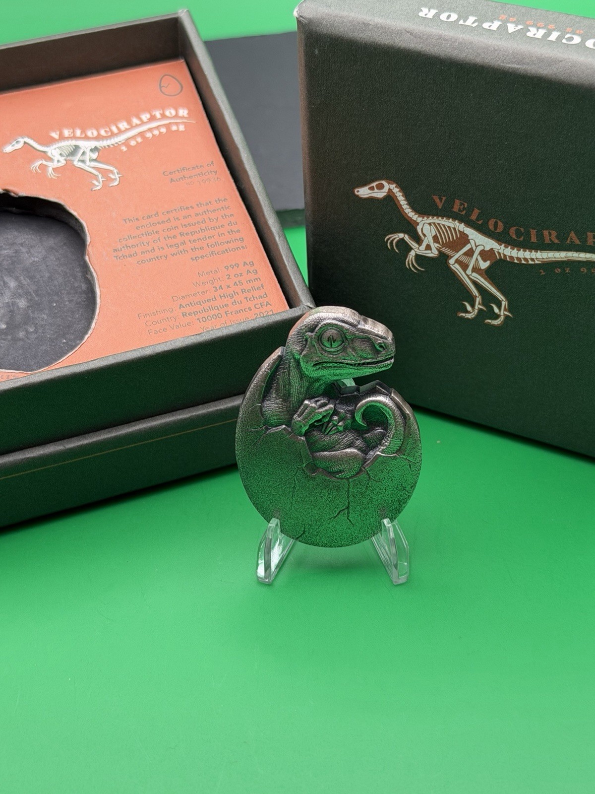 2 Oz Silver Velociraptor High Relief Coin 10000 Francs CFA Chad 2021 2 Oz Silver Velociraptor High Relief Coin 10000 Francs CFA Chad 2021