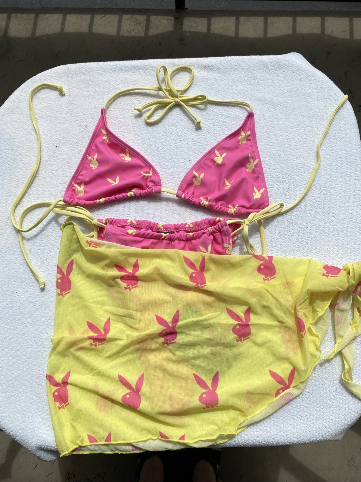 Large Bright Pink Playboy Bunny Bikini Yellow Bunnies With Matching Sarong Large Bright Pink Playboy Bunny Bikini Yellow Bunnies With Matching Sarong