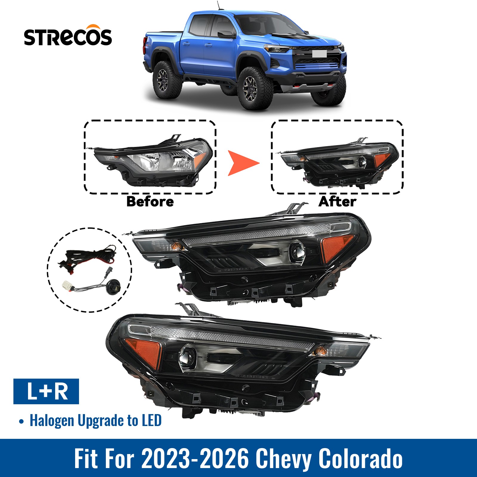 Halogen Upgrade to LED For 2023-2026 Chevy Colorado Headlights Pair Left+Right