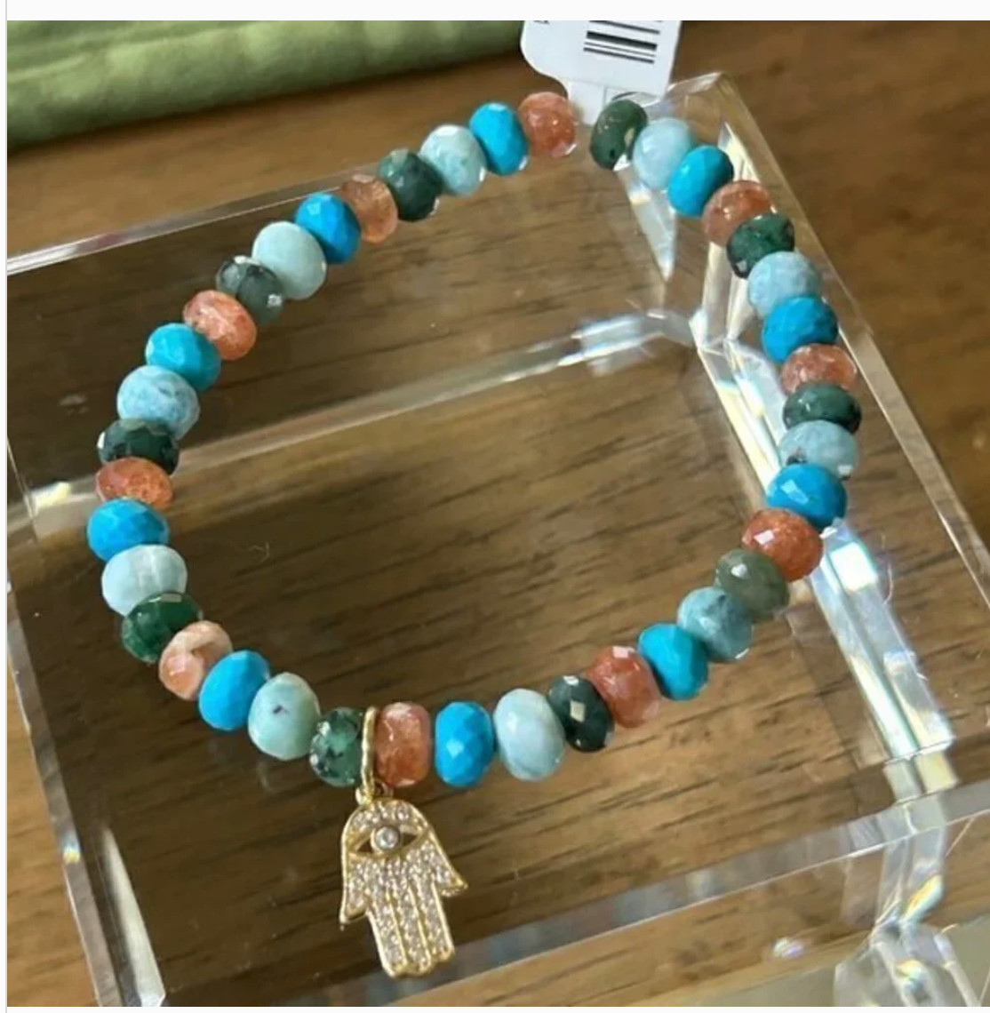 Rarities Carol Brodie Multi Gemstone Bead Bracelet with Hamsa Charm S-M Nwt